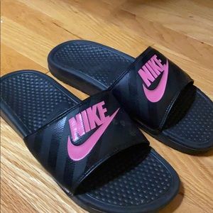 Black and Pink Nike Slides